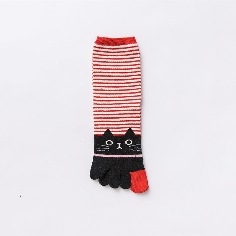 Ladies Autumn And Winter Horizontal Stripes Cat Cotton Five-finger Socks