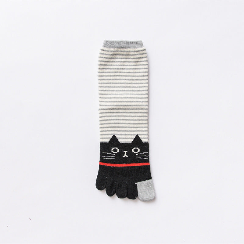 Ladies Autumn And Winter Horizontal Stripes Cat Cotton Five-finger Socks