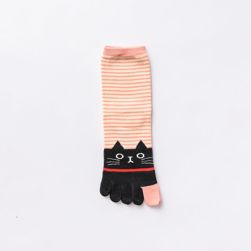 Ladies Autumn And Winter Horizontal Stripes Cat Cotton Five-finger Socks