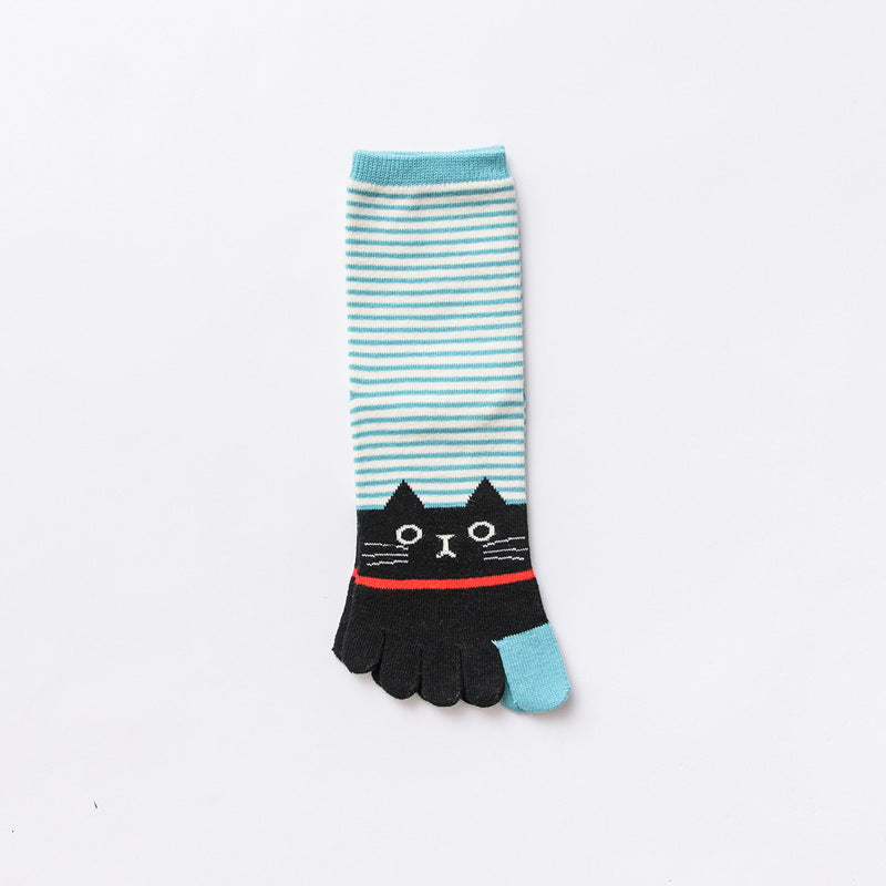 Ladies Autumn And Winter Horizontal Stripes Cat Cotton Five-finger Socks