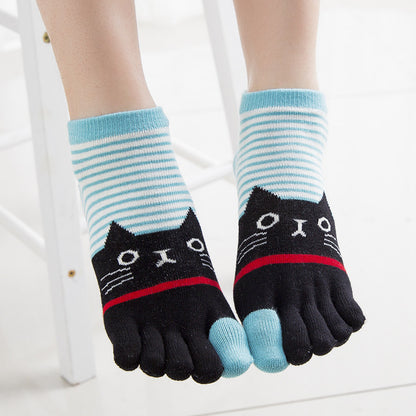Ladies Autumn And Winter Horizontal Stripes Cat Cotton Five-finger Socks