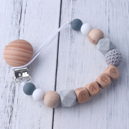 Wood Silicone Beads Pacifier Clip for Baby