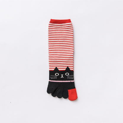 Ladies Autumn And Winter Horizontal Stripes Cat Cotton Five-finger Socks