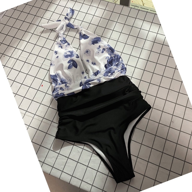Color Matching Pleated Backless Siamese Bikini Women's High Waist Swimsuit