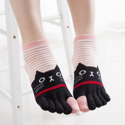 Ladies Autumn And Winter Horizontal Stripes Cat Cotton Five-finger Socks
