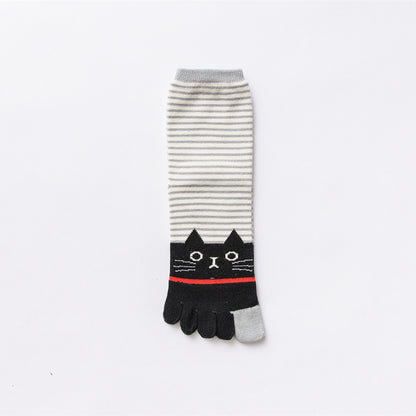 Ladies Autumn And Winter Horizontal Stripes Cat Cotton Five-finger Socks