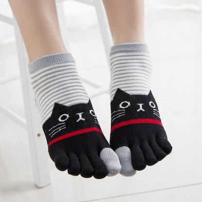 Ladies Autumn And Winter Horizontal Stripes Cat Cotton Five-finger Socks